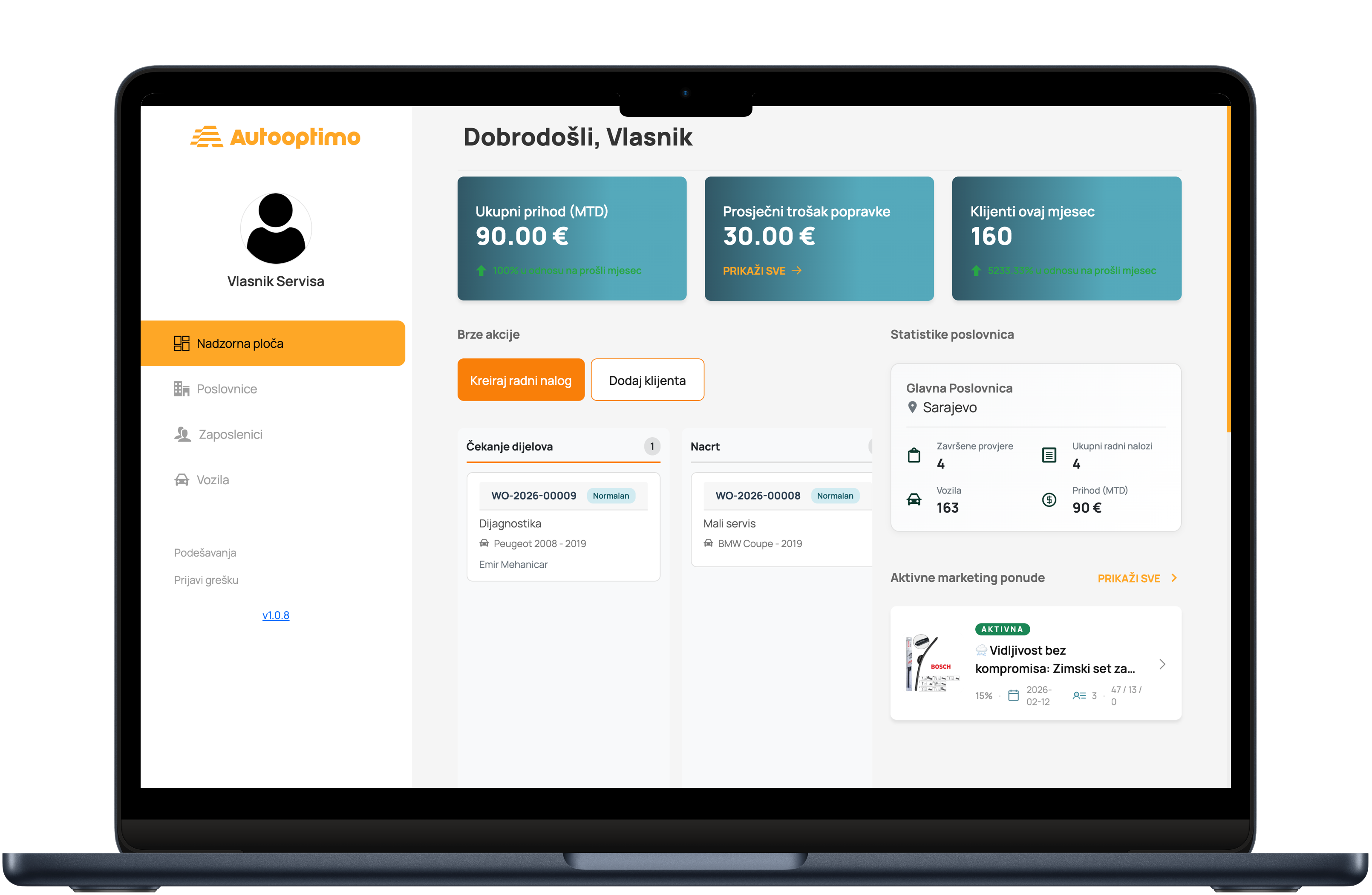 SCREENSHOT: Business dashboard sa poslovnicama, nalozima i timom